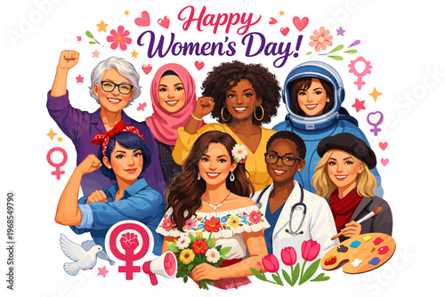 Happy International Women’s Day Illustration with Diverse Women and Empowerment Celebration