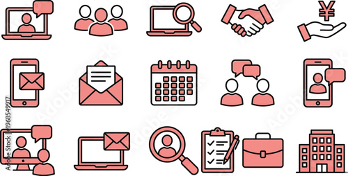 Human resources and recruitment icon set. Online meeting and job search symbols. Corporate communication logotypes. Vector illustration.