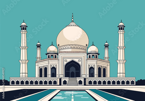 Flat Vector Illustration of Taj Mahal Monument in Agra India with Teal Background