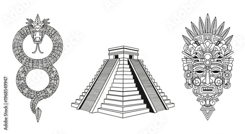 Ancient Aztec and Mayan Culture Vector Set: Feathered Serpent, Pyramid, and Tribal Mask Line Art Illustrations