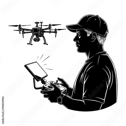 Professional engineer operating drone with remote control for aerial survey and inspection