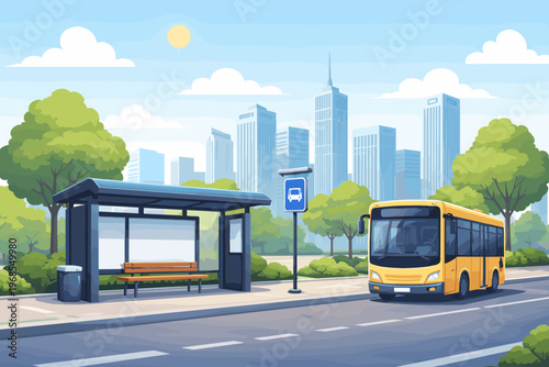 City Bus Stop with Public Transport, Urban Landscape and Modern City Background Illustration