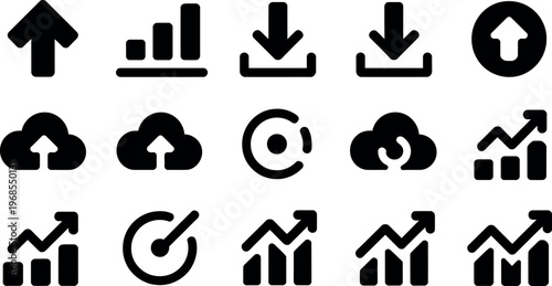 Set of various icons showing upward trends and data movement directions