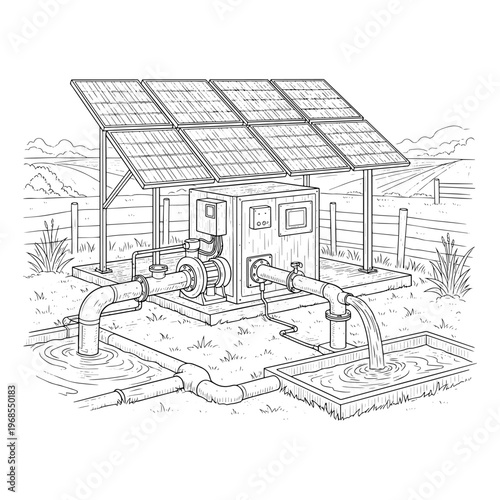 detailed line drawing of off-grid geothermal greenhouse with solar panels and water pumps