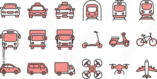 Transportation icon set. Vehicle, car, bus and train symbols. Delivery truck, drone and airplane logotypes. Vector illustration.