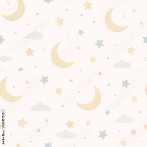 Seamless celestial pattern with moons, stars, and clouds in pastel colors
