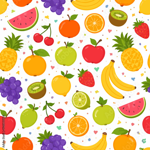 Colorful assorted fruits pattern with watermelon, pineapple, bananas, and more