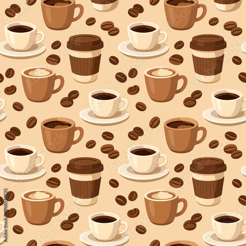 Seamless pattern of coffee cups and coffee beans on beige background