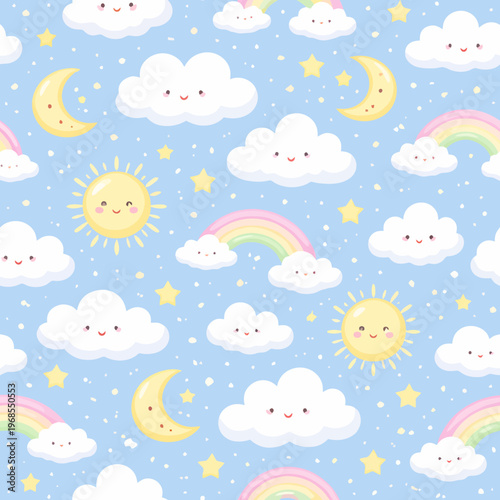 Cute kawaii sky pattern with clouds, suns, moons, stars, and rainbows