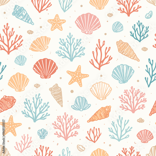 Colorful seashells and corals pattern with starfish and ocean elements