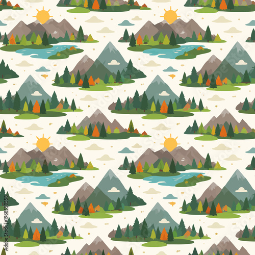 Seamless pattern of colorful mountains, lakes, and forests in nature landscape
