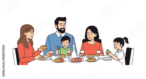 A happy family of four is seated around a dining table with bread rolls, wine, and Easter eggs.
