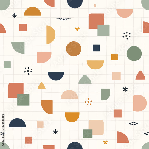 Colorful geometric pattern with shapes on a grid background