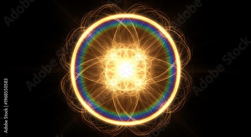 Abstract glowing energy sphere with rainbow halo and intricate light patterns on a dark background