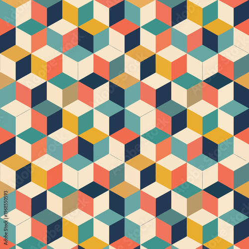 Seamless retro geometric pattern with colorful cubes