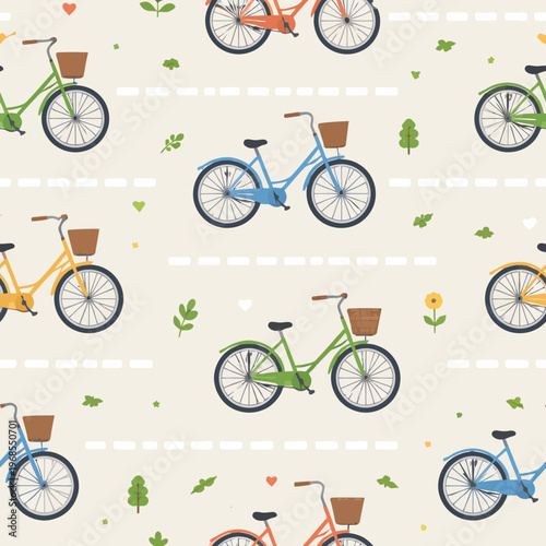 Colorful bicycle pattern with greenery and hearts on light background