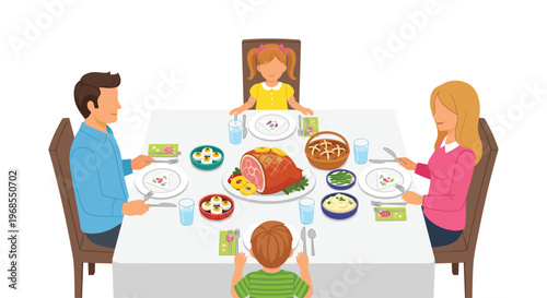 A family of four sits around a dining table set with a large ham, deviled eggs, and various side dishes.