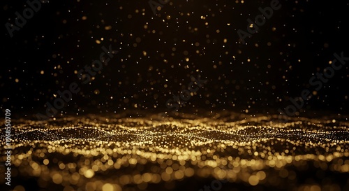 Golden glitter particles floating above a shimmering surface in a dark environment