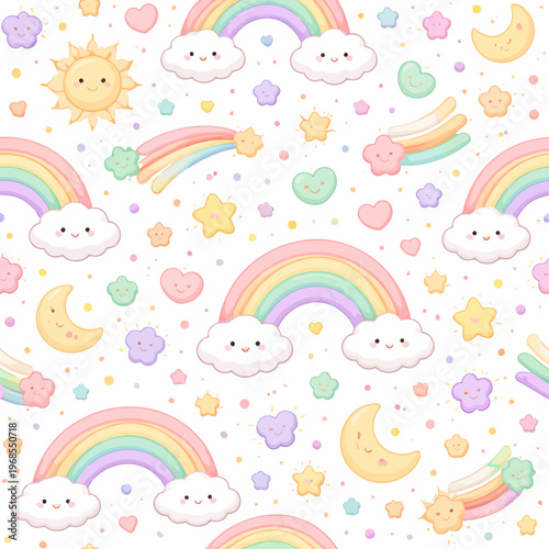 Cute pastel pattern with rainbows, clouds, suns, and moons