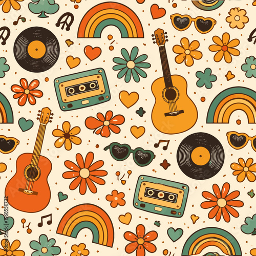 Retro music and nature pattern with guitars, cassettes, and rainbows