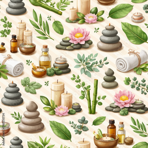 Spa serenity with candles, essential oils, stones, bamboo, and lotus flowers