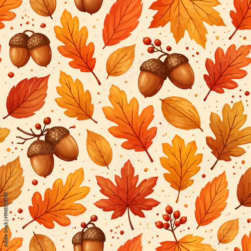 Vibrant autumn pattern with colorful leaves and acorns on beige background
