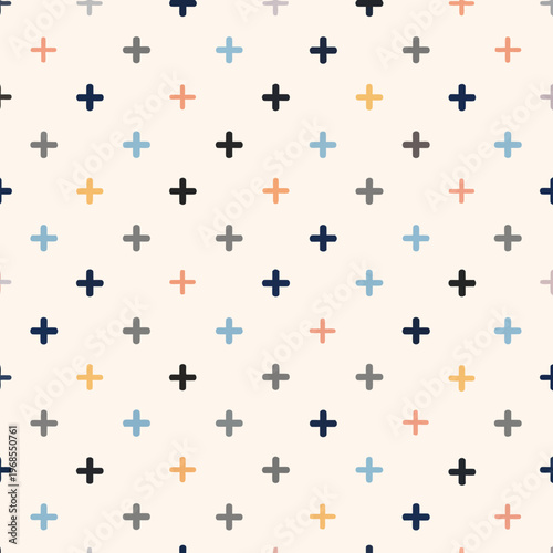 Seamless pattern of colorful plus signs on cream background