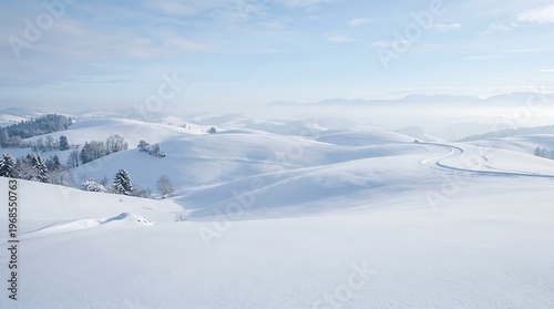 Snow-covered rolling hills under a clear blue sky with distant forested areas and faint mountain outlines