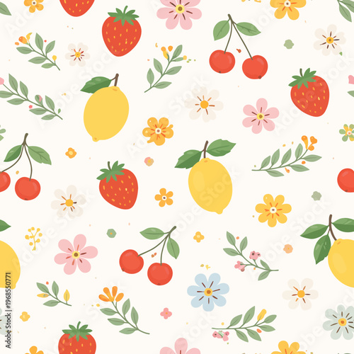 Colorful fruit and floral pattern with strawberries, lemons, and cherries