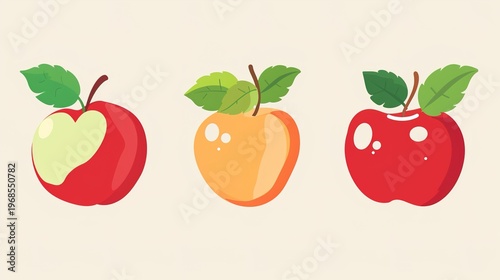Apple cartoon image design material, cute cartoon apple character design, lovely fruit mascot vector set, funny cartoon apple expressions, simple flat style illustration, colorful cartoon fruit elemen