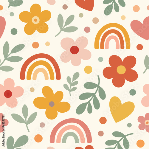 Colorful retro floral and rainbow pattern with hearts and leaves