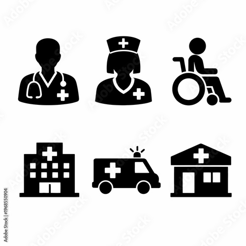 Medical icons set featuring doctor, nurse, patient, hospital, ambulance, clinic