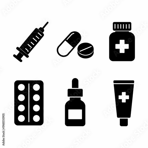 Medical supplies: syringe, pills, bottle, blister pack, dropper, tube icons