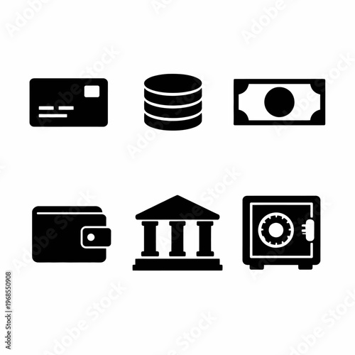 Financial icons set: card, coins, cash, wallet, bank, and safe