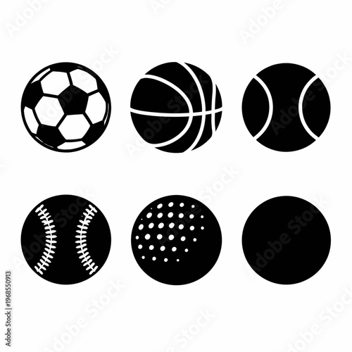Collection of sports ball icons: soccer, basketball, tennis, baseball, golf, billiards