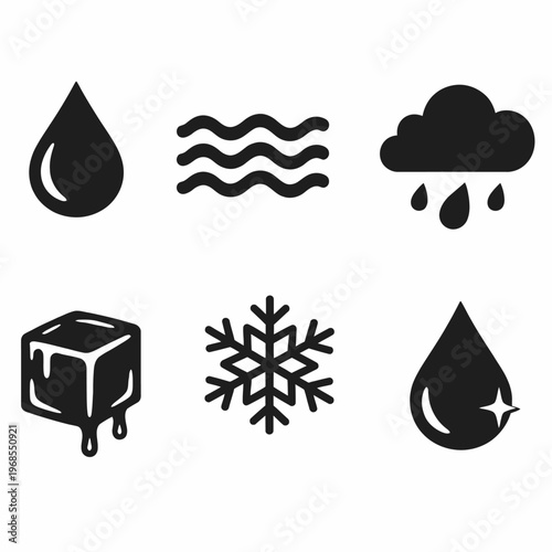 Set of black icons representing water, waves, rain, ice, snowflake, and droplet symbols