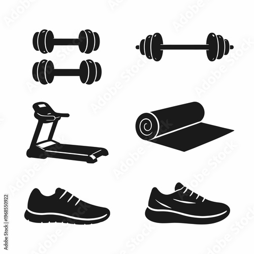 Black fitness icons: dumbbells, barbell, treadmill, yoga mat, sneakers silhouette set