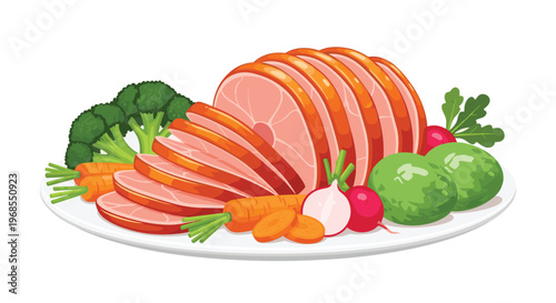 A sliced roasted ham is presented on a white platter with broccoli, carrots, radishes, and two green Easter eggs.