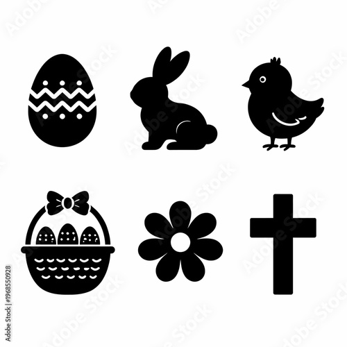 Easter symbols - egg, bunny, chick, basket, flower, cross silhouettes