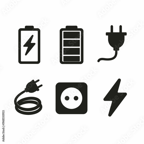 Black energy icons: battery, plug, socket, charge, power symbols set