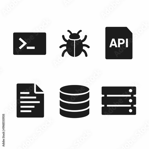 Tech icons set: command line, bug, api, document, data, server symbols
