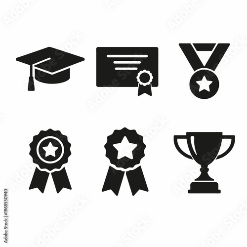 Graduation cap, diploma, medals, ribbons, and trophy icons in black and white vector set