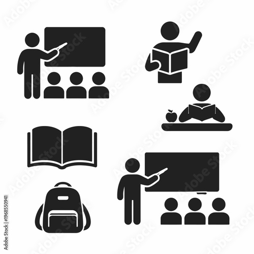 Education icons: teaching, learning, classroom, books, backpack symbols