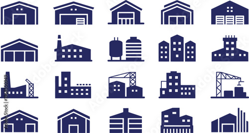Collection of various industrial and commercial building icons isolated on transparent background