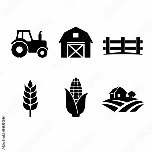 Set of farming icons: tractor, barn, fence, wheat, corn, farmhouse landscape