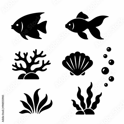Silhouettes of fish, coral, and seaweed with shell and bubbles
