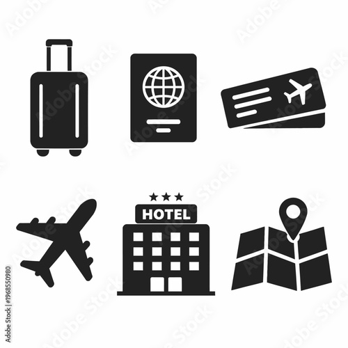 Travel essentials icons: suitcase passport tickets airplane hotel map