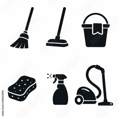 Silhouette set of cleaning tools: broom, mop, bucket, sponge, spray bottle, vacuum cleaner
