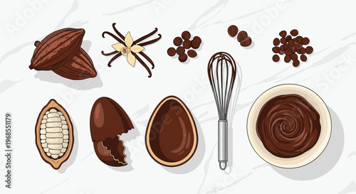 Various chocolate-making ingredients including cocoa pods, vanilla, coffee beans, and chocolate eggs are arranged on a marble surface.