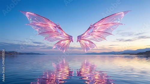 Translucent pink wings hovering over a calm lake at sunset with reflection in water